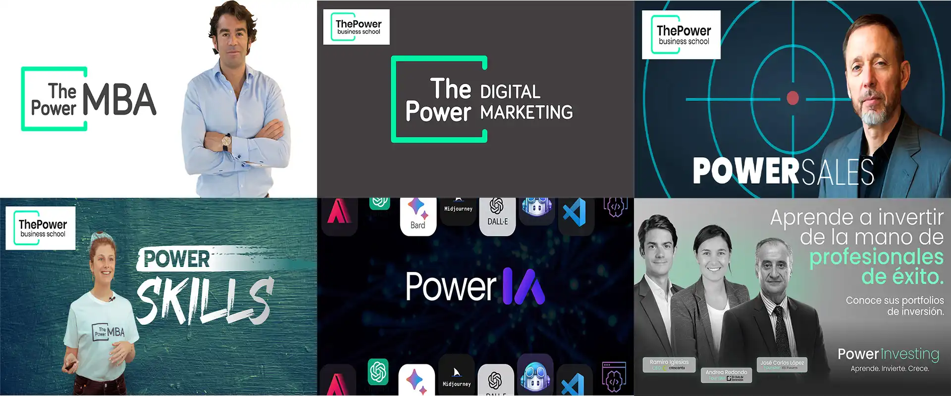 Las 6 Maestrías de The Power Business School: MBA · Digital Marketing · Power Sales · Power Skills · Power IA · Power Investing